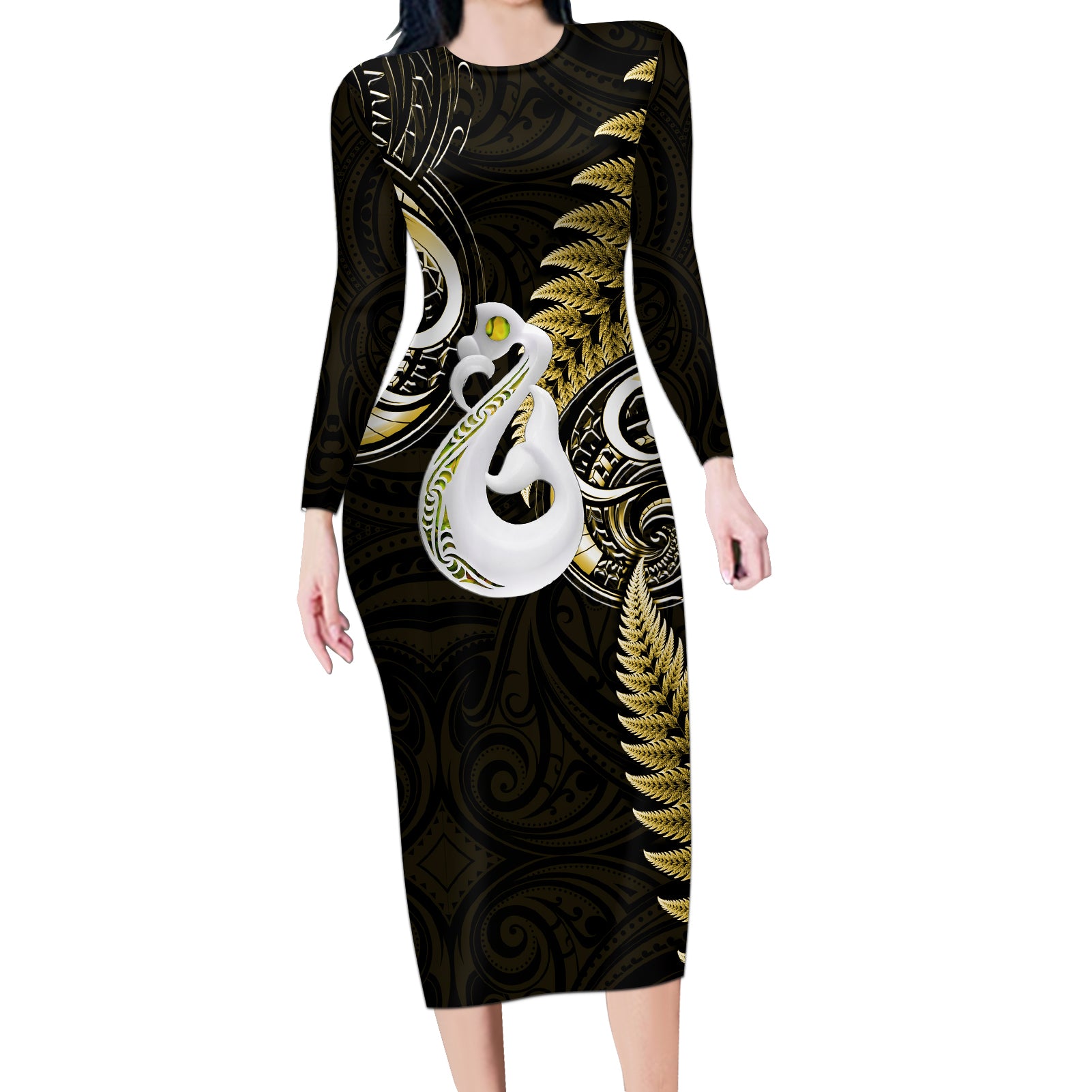 Personalised New Zealand Long Sleeve Bodycon Dress Aotearoa Silver Fern With Manaia Maori Unique Gold LT14 Long Dress Gold - Polynesian Pride