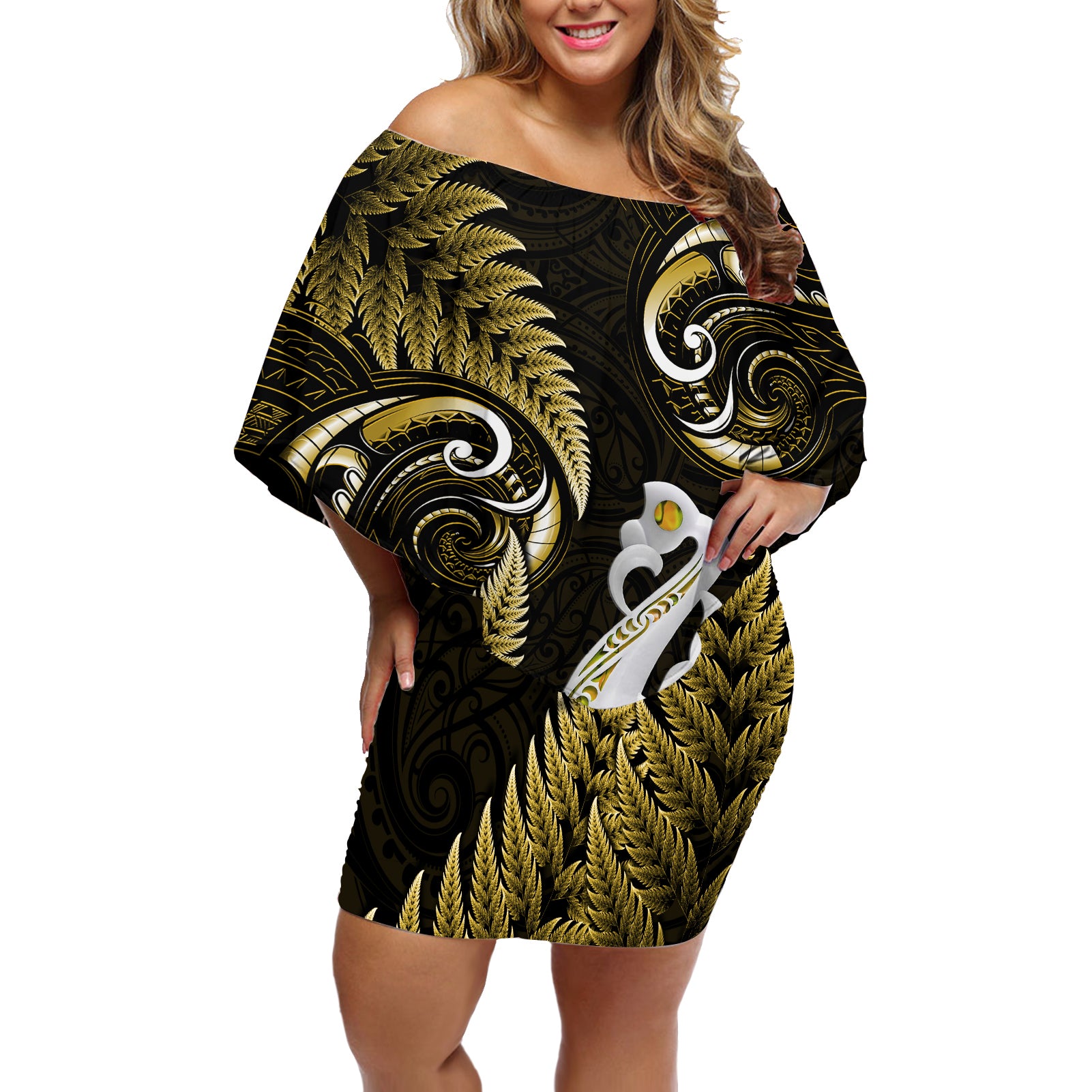 Personalised New Zealand Off Shoulder Short Dress Aotearoa Silver Fern With Manaia Maori Unique Gold LT14 Women Gold - Polynesian Pride