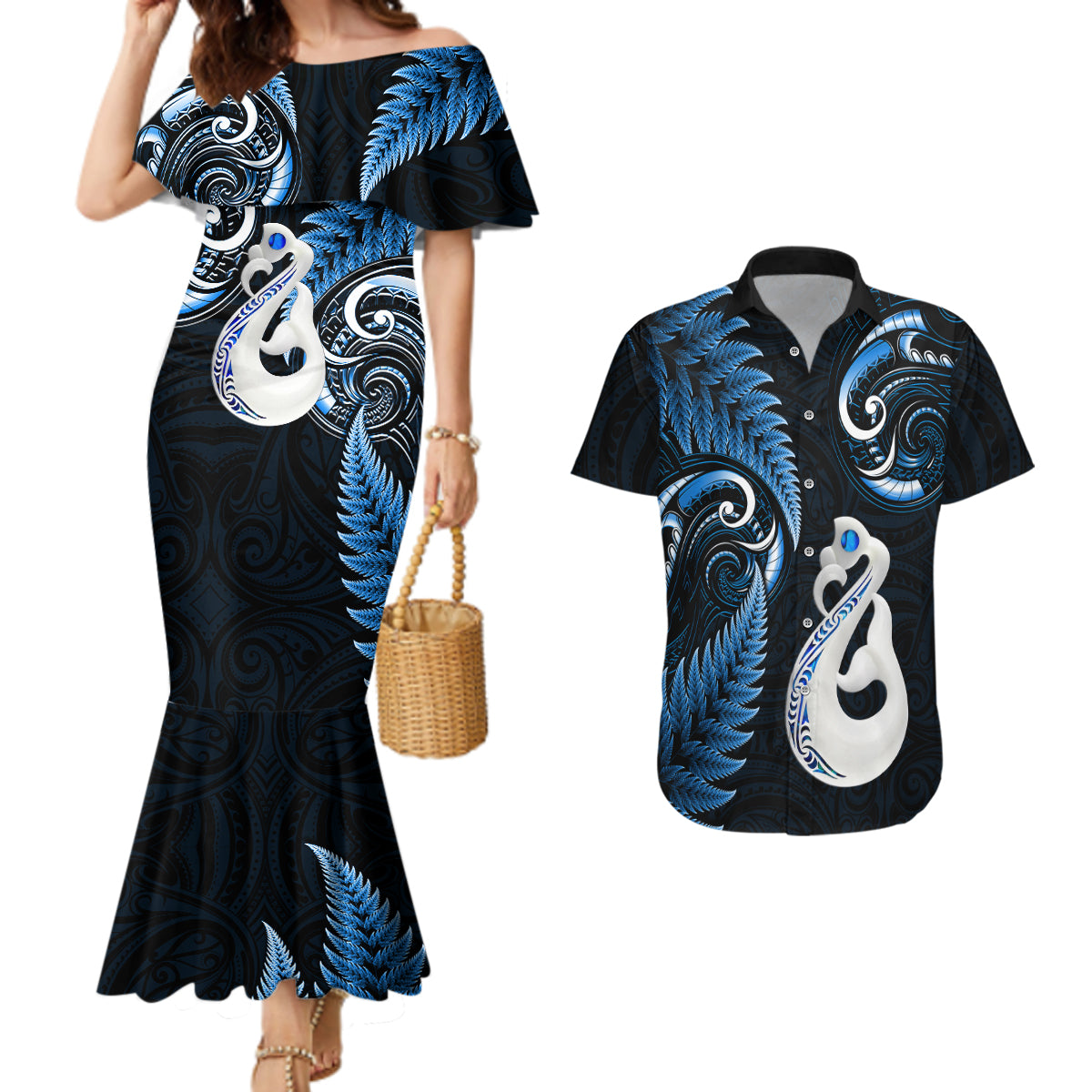 Personalised New Zealand Couples Mermaid Dress And Hawaiian Shirt Aotearoa Silver Fern With Manaia Maori Unique Blue LT14 Blue - Polynesian Pride