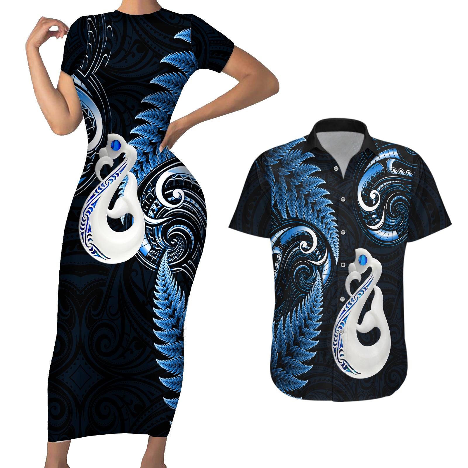 Personalised New Zealand Couples Short Sleeve Bodycon Dress and Hawaiian Shirt Aotearoa Silver Fern With Manaia Maori Unique Blue LT14 Blue - Polynesian Pride