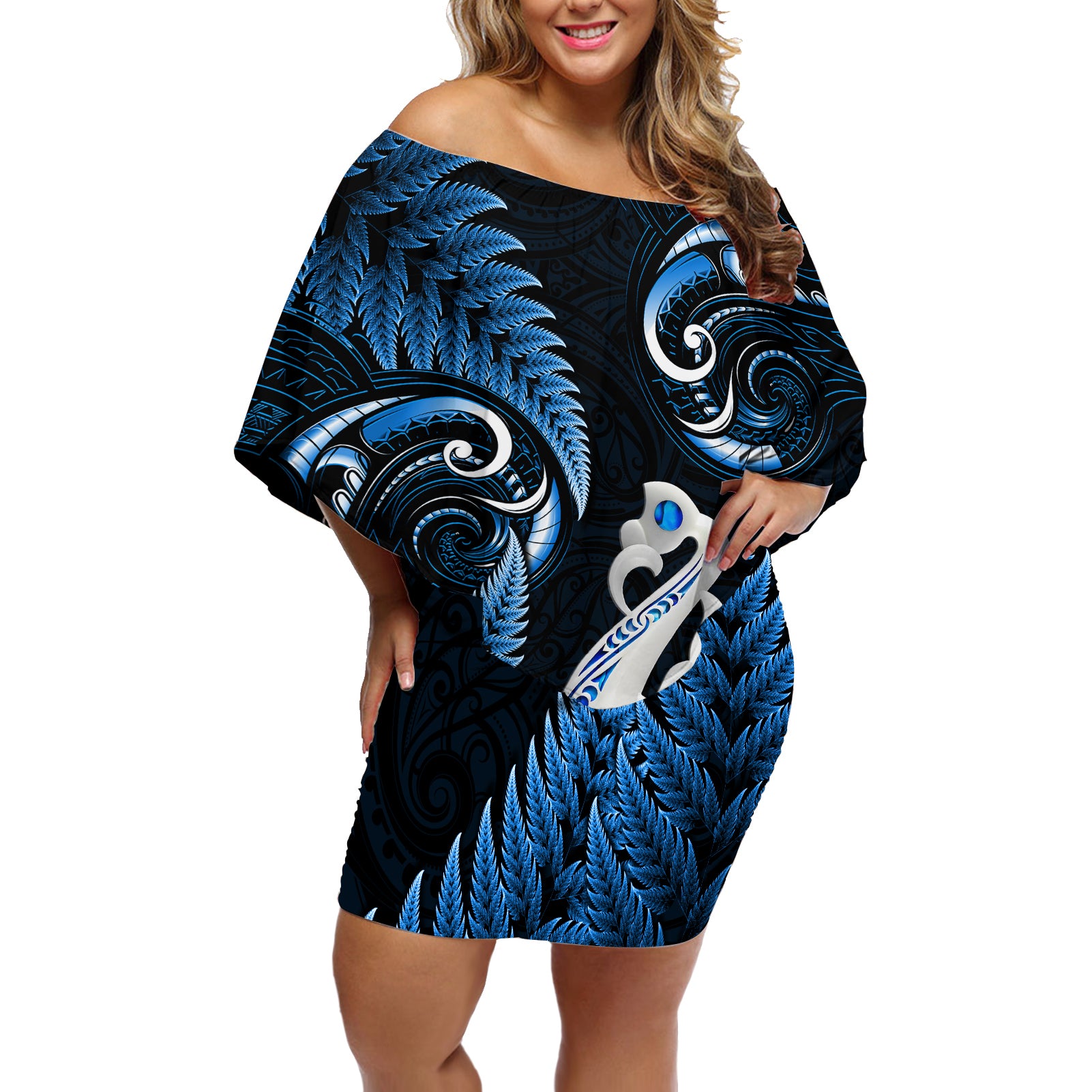 Personalised New Zealand Off Shoulder Short Dress Aotearoa Silver Fern With Manaia Maori Unique Blue LT14 Women Blue - Polynesian Pride