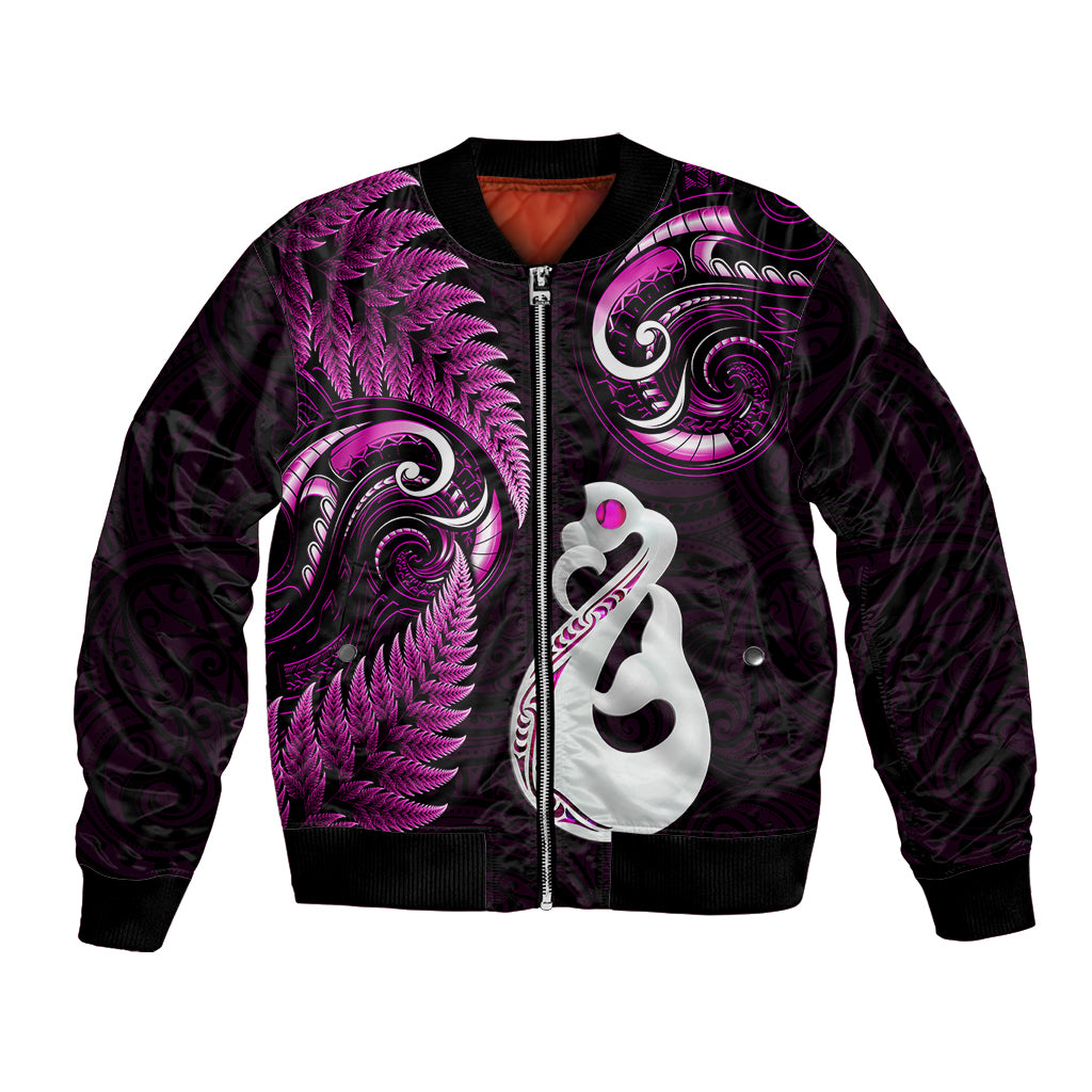 Personalised New Zealand Bomber Jacket Aotearoa Silver Fern With Manaia Maori Unique Pink LT14 Unisex Pink - Polynesian Pride
