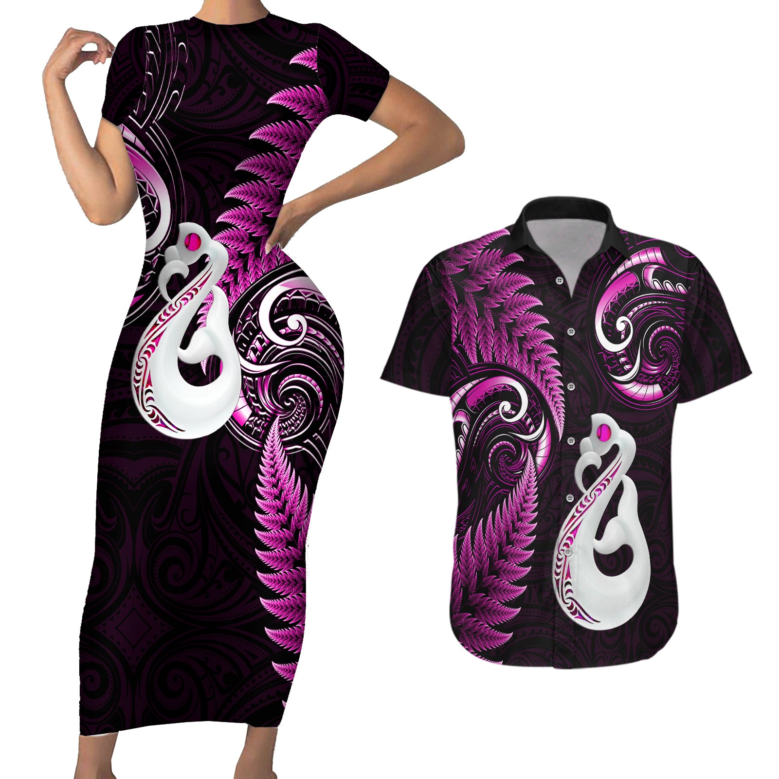 Personalised New Zealand Couples Short Sleeve Bodycon Dress and Hawaiian Shirt Aotearoa Silver Fern With Manaia Maori Unique Pink LT14 Pink - Polynesian Pride