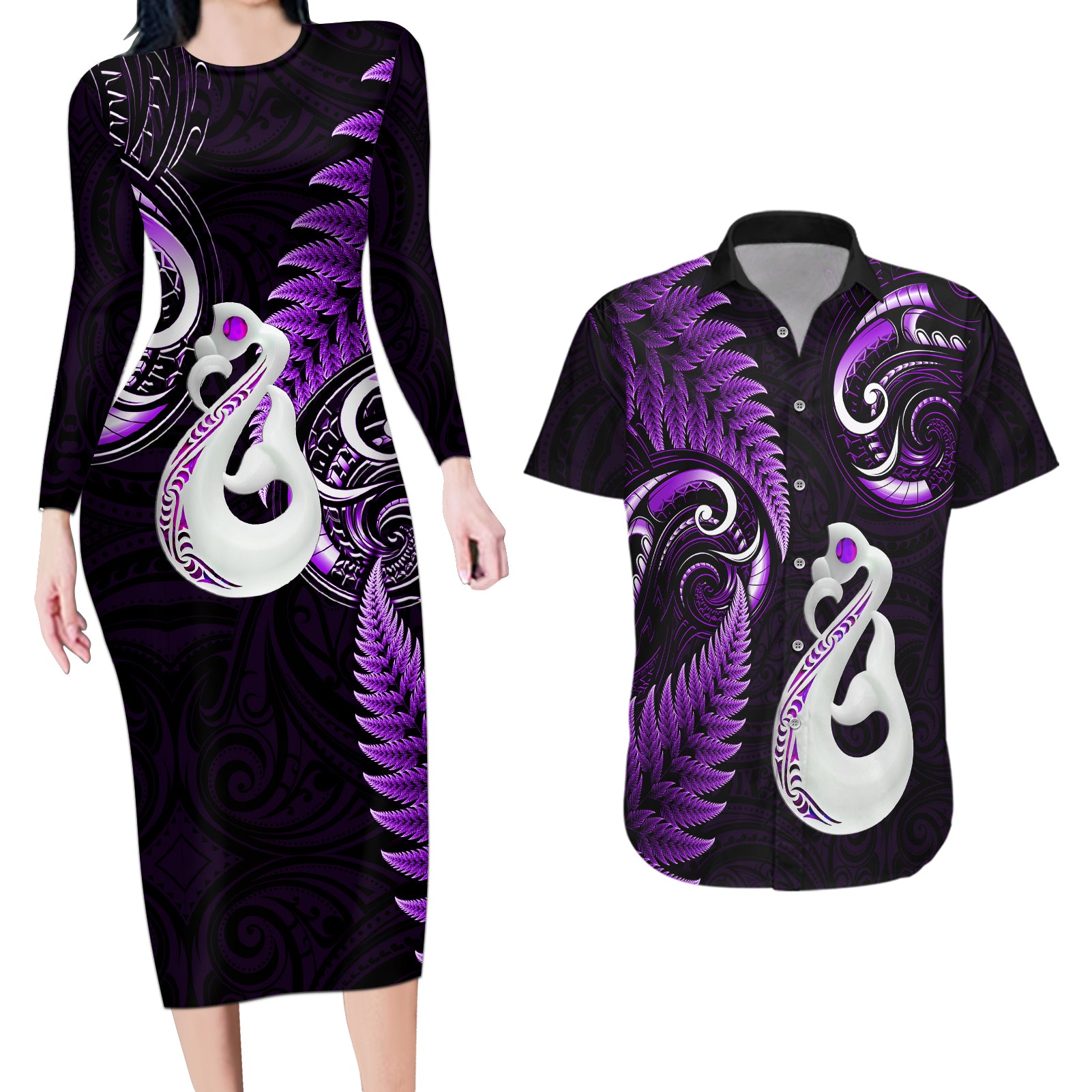 Personalised New Zealand Couples Long Sleeve Bodycon Dress and Hawaiian Shirt Aotearoa Silver Fern With Manaia Maori Unique Purple LT14 Purple - Polynesian Pride