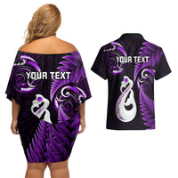 Personalised New Zealand Couples Off The Shoulder Long Sleeve Dress and Hawaiian Shirt Aotearoa Silver Fern With Manaia Maori Unique Purple LT14 - Polynesian Pride