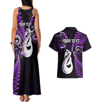 Personalised New Zealand Couples Matching Tank Maxi Dress And Hawaiian Shirt Aotearoa Silver Fern With Manaia Maori Unique Purple LT14 - Polynesian Pride