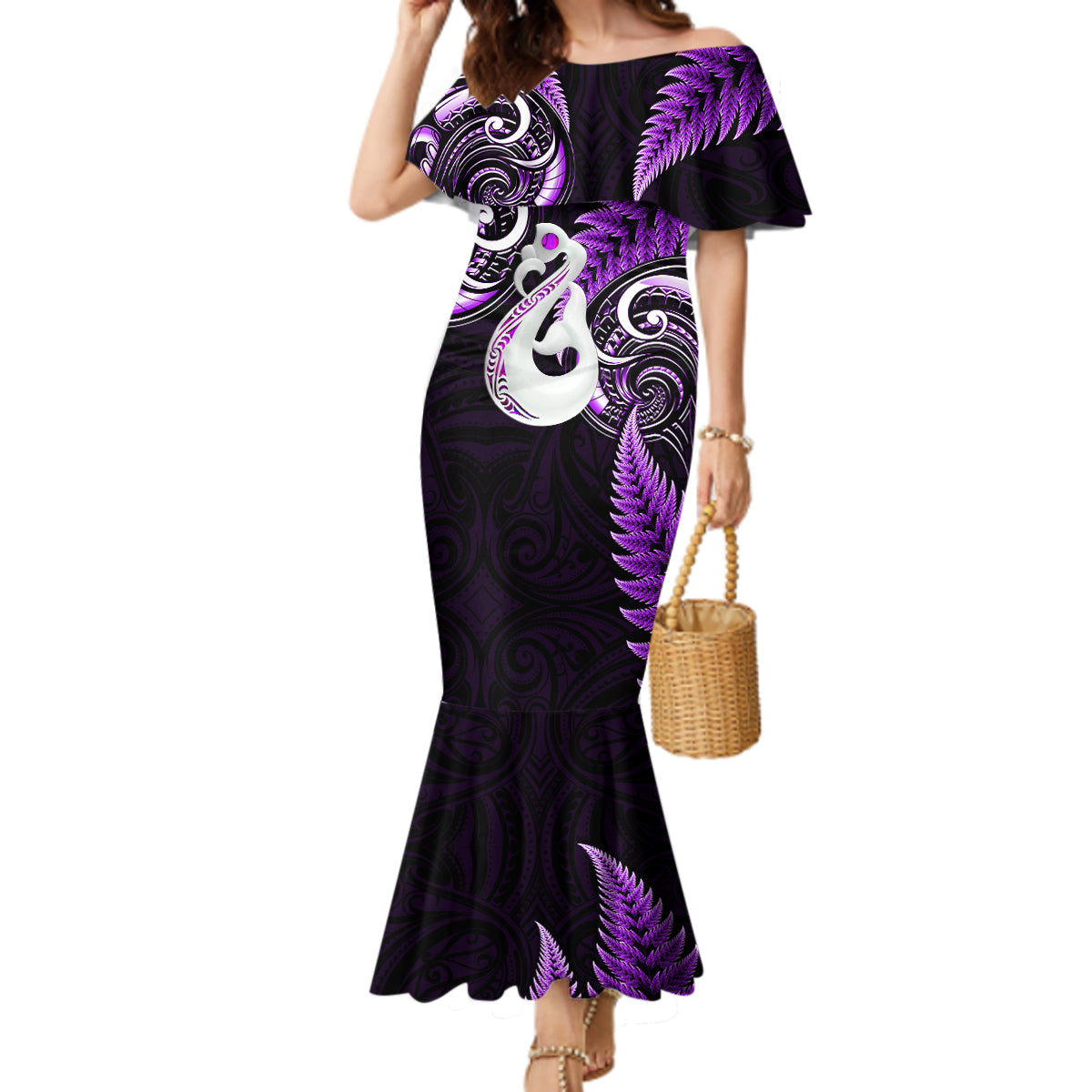 Personalised New Zealand Mermaid Dress Aotearoa Silver Fern With Manaia Maori Unique Purple LT14 Women Purple - Polynesian Pride