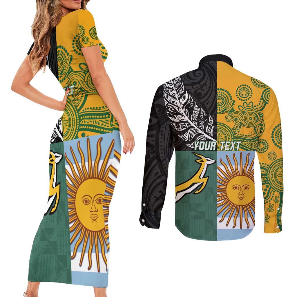 Personalised Rugby 2025 Championship Couples Matching Short Sleeve Bodycon Dress and Long Sleeve Button Shirt Combination of Southern Hemisphere Countries - Polynesian Pride
