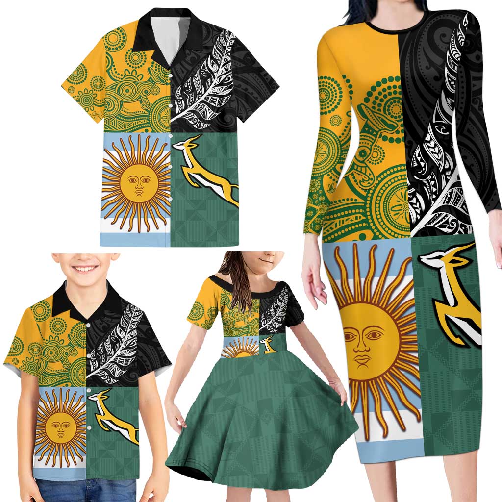 Personalised Rugby 2025 Championship Family Matching Long Sleeve Bodycon Dress and Hawaiian Shirt Combination of Southern Hemisphere Countries - Polynesian Pride