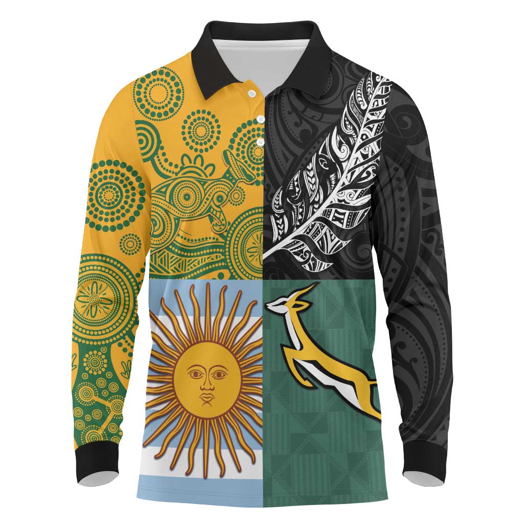 Personalised Rugby 2025 Championship Long Sleeve Polo Shirt Combination of Southern Hemisphere Countries - Polynesian Pride