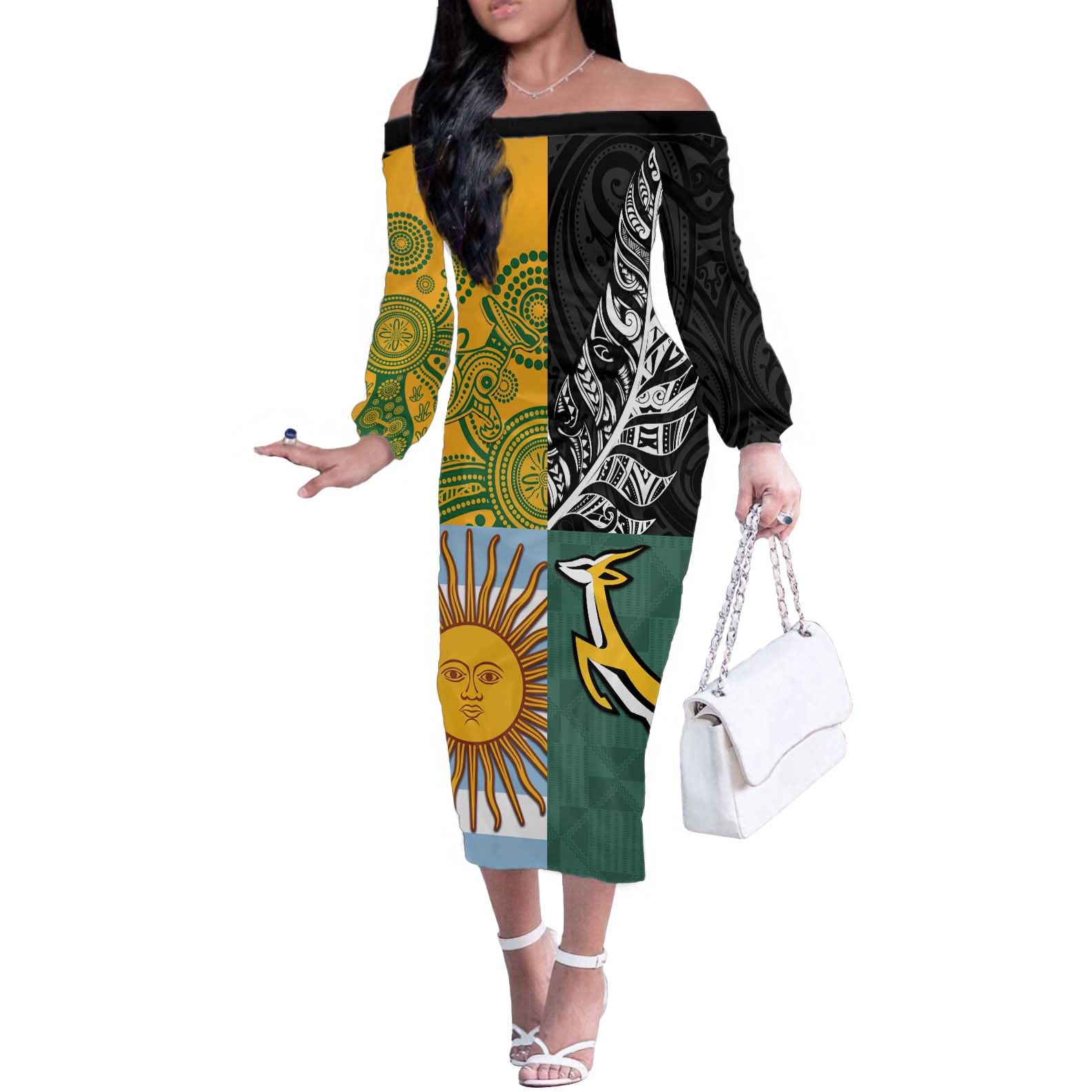 Personalised Rugby 2025 Championship Off The Shoulder Long Sleeve Dress Combination of Southern Hemisphere Countries - Polynesian Pride