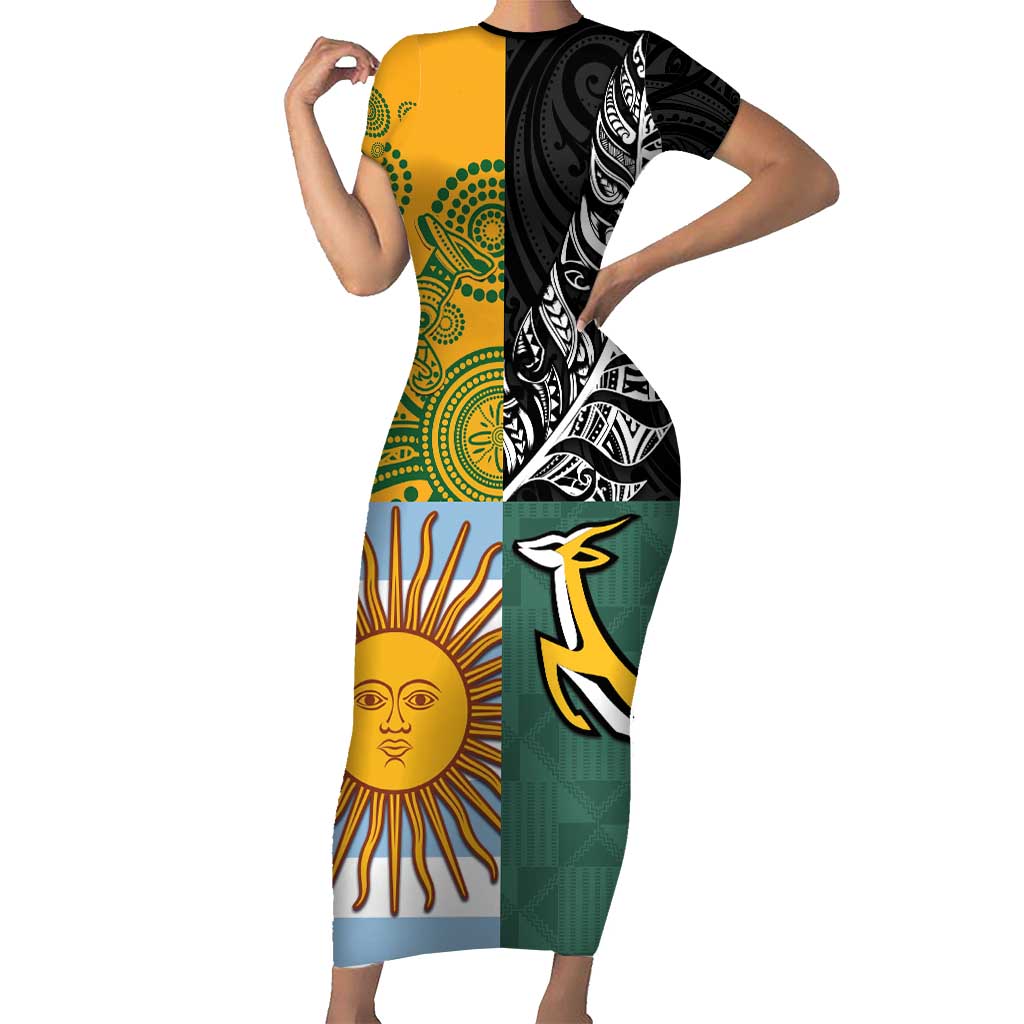 Personalised Rugby 2025 Championship Short Sleeve Bodycon Dress Combination of Southern Hemisphere Countries - Polynesian Pride