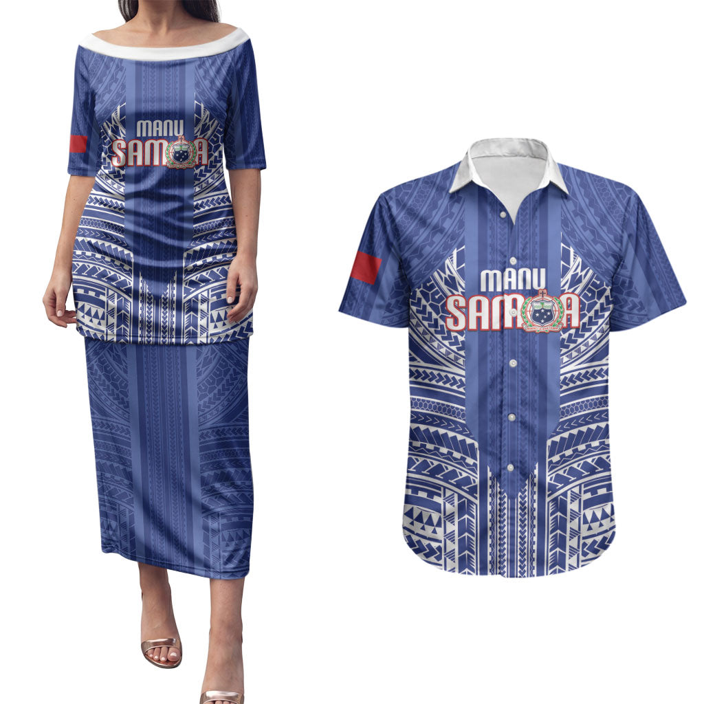 Custom Manu Samoa Rugby 2026 Couples Matching Puletasi and Hawaiian Shirt Samoan Pattern LT14 Blue - Polynesian Pride