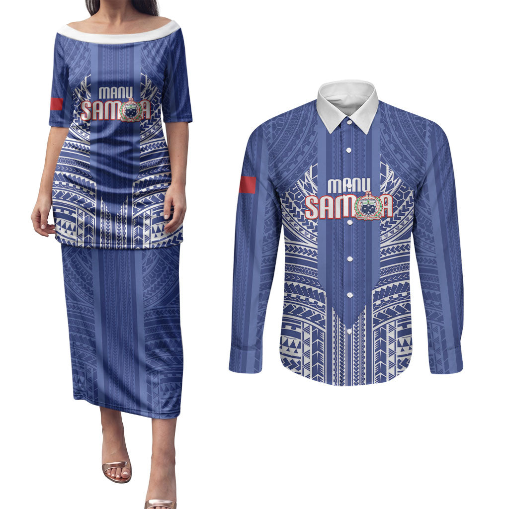 Custom Manu Samoa Rugby 2026 Couples Matching Puletasi and Long Sleeve Button Shirt Samoan Pattern LT14 Blue - Polynesian Pride