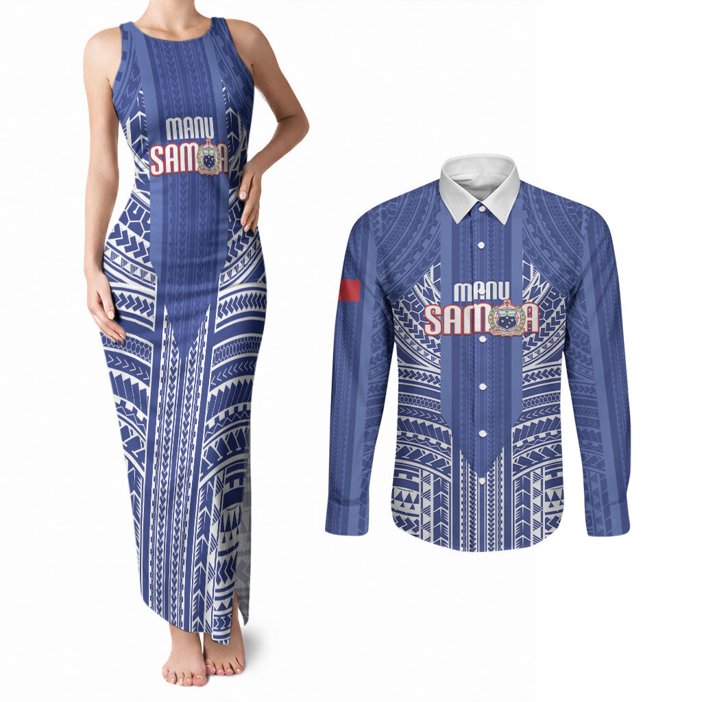 Custom Manu Samoa Rugby 2026 Couples Matching Tank Maxi Dress and Long Sleeve Button Shirt Samoan Pattern