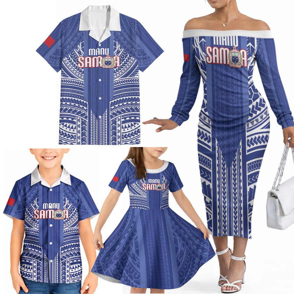 Custom Manu Samoa Rugby 2026 Family Matching Off The Shoulder Long Sleeve Dress and Hawaiian Shirt Samoan Pattern LT14 - Polynesian Pride