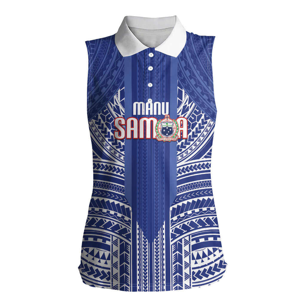 Custom Manu Samoa Rugby 2026 Women Sleeveless Polo Shirt Samoan Pattern LT14 Female Blue - Polynesian Pride