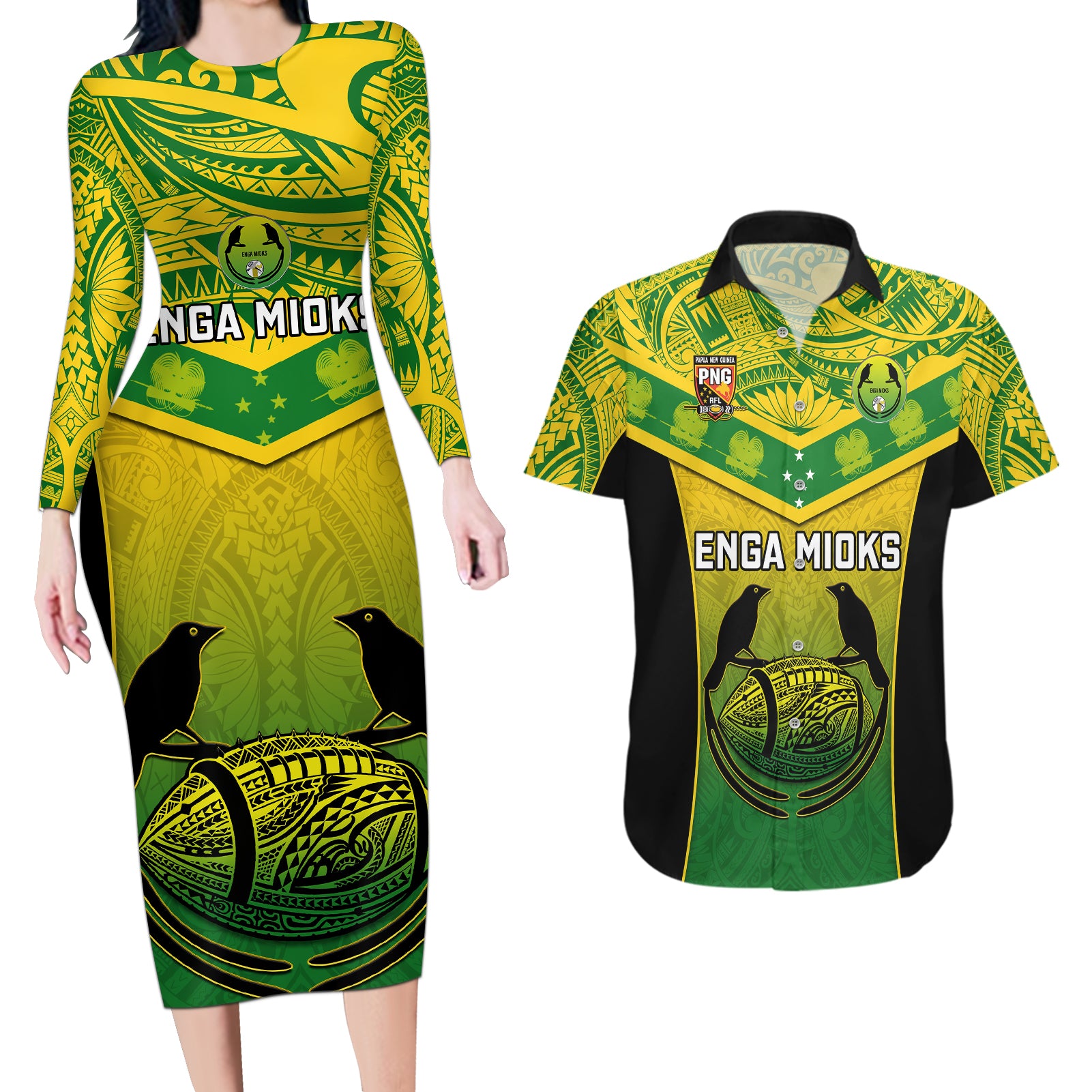 Papua New Guinea Rugby Couples Matching Long Sleeve Bodycon Dress and Hawaiian Shirt Enga Mioks PNG Polynesian Pattern LT14 Green - Polynesian Pride