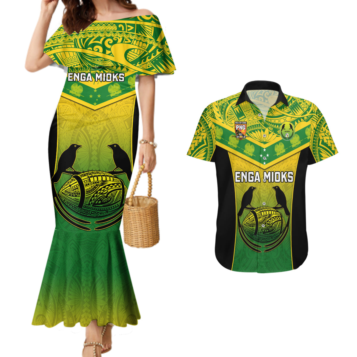 Papua New Guinea Rugby Couples Matching Mermaid Dress And Hawaiian Shirt Enga Mioks PNG Polynesian Pattern LT14 Green - Polynesian Pride