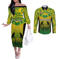 Papua New Guinea Rugby Couples Matching Off The Shoulder Long Sleeve Dress and Long Sleeve Button Shirts Enga Mioks PNG Polynesian Pattern LT14 Green - Polynesian Pride