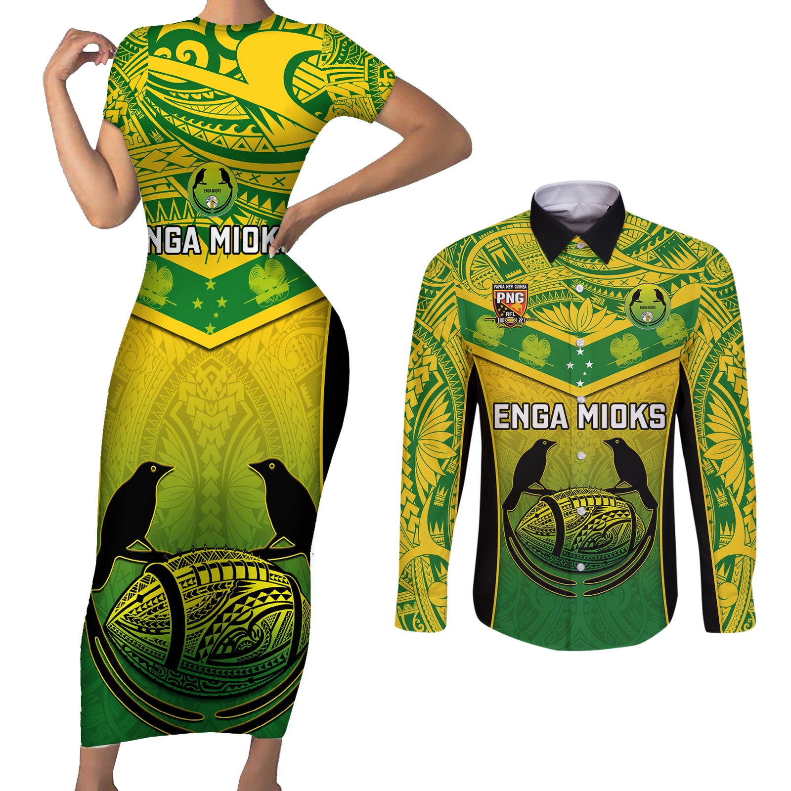 Papua New Guinea Rugby Couples Matching Short Sleeve Bodycon Dress and Long Sleeve Button Shirts Enga Mioks PNG Polynesian Pattern LT14 Green - Polynesian Pride