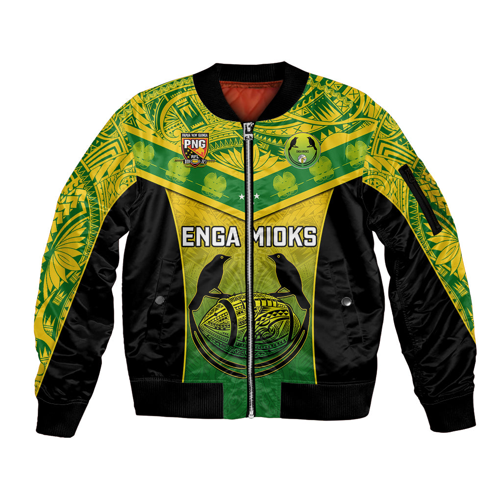 Papua New Guinea Rugby Sleeve Zip Bomber Jacket Enga Mioks PNG Polynesian Pattern LT14 Unisex Green - Polynesian Pride