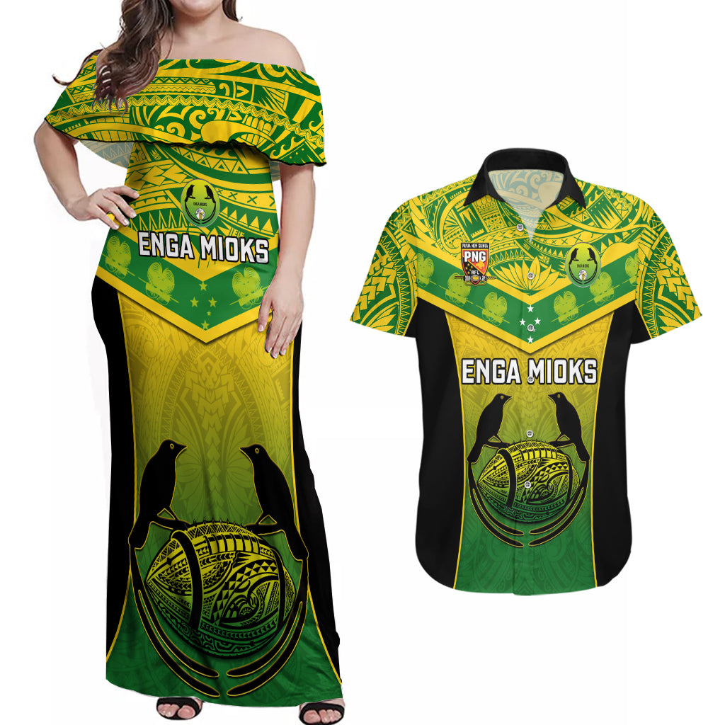 Custom Papua New Guinea Rugby Couples Matching Off Shoulder Maxi Dress and Hawaiian Shirt Enga Mioks PNG Polynesian Pattern LT14 Green - Polynesian Pride