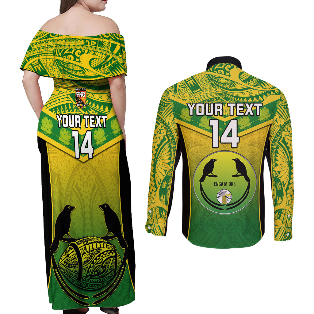 Custom Papua New Guinea Rugby Couples Matching Off Shoulder Maxi Dress and Long Sleeve Button Shirts Enga Mioks PNG Polynesian Pattern LT14 - Polynesian Pride