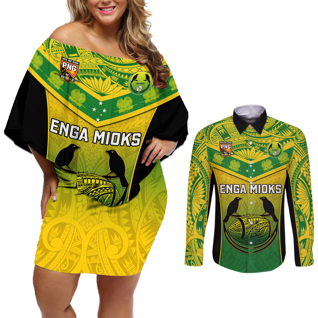 Custom Papua New Guinea Rugby Couples Matching Off Shoulder Short Dress and Long Sleeve Button Shirts Enga Mioks PNG Polynesian Pattern LT14 Green - Polynesian Pride