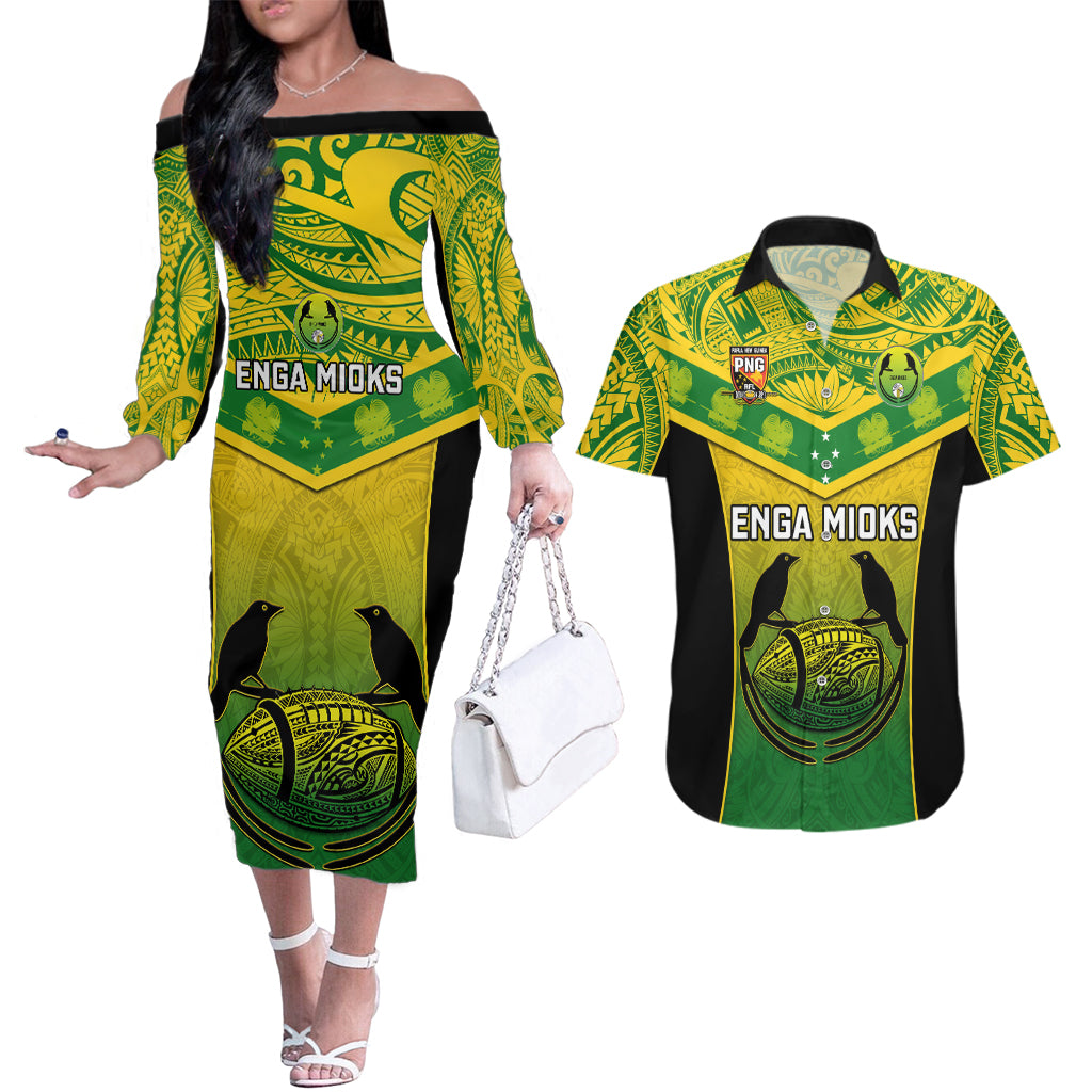 Custom Papua New Guinea Rugby Couples Matching Off The Shoulder Long Sleeve Dress and Hawaiian Shirt Enga Mioks PNG Polynesian Pattern LT14 Green - Polynesian Pride