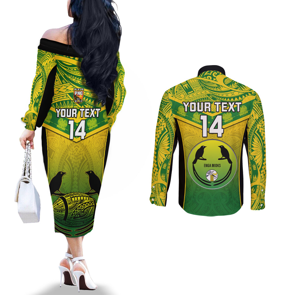 Custom Papua New Guinea Rugby Couples Matching Off The Shoulder Long Sleeve Dress and Long Sleeve Button Shirts Enga Mioks PNG Polynesian Pattern LT14 - Polynesian Pride