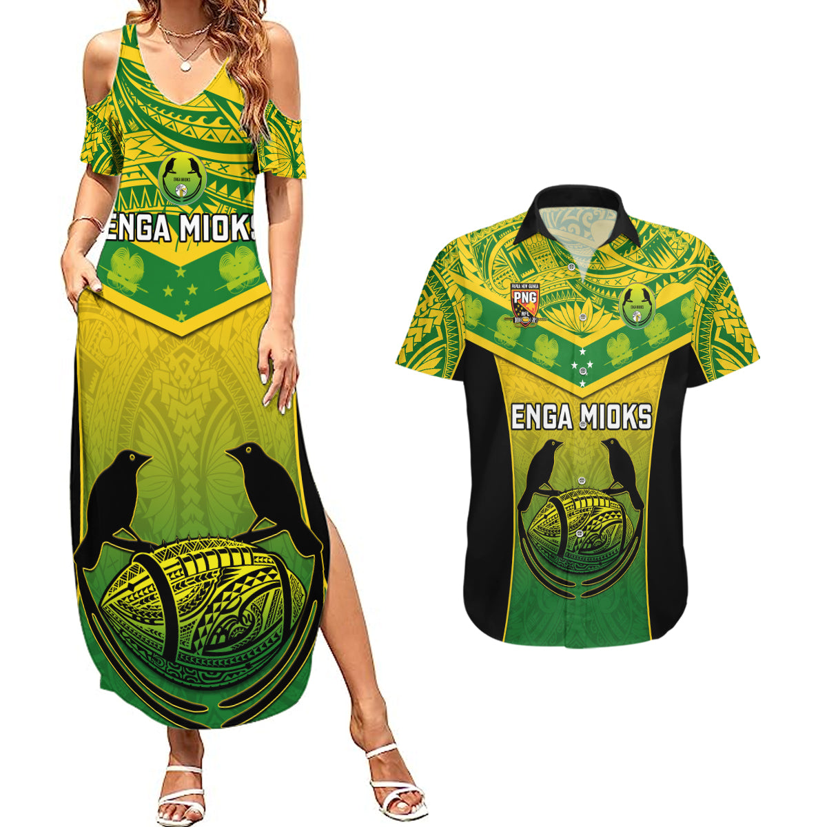 Custom Papua New Guinea Rugby Couples Matching Summer Maxi Dress and Hawaiian Shirt Enga Mioks PNG Polynesian Pattern LT14 Green - Polynesian Pride
