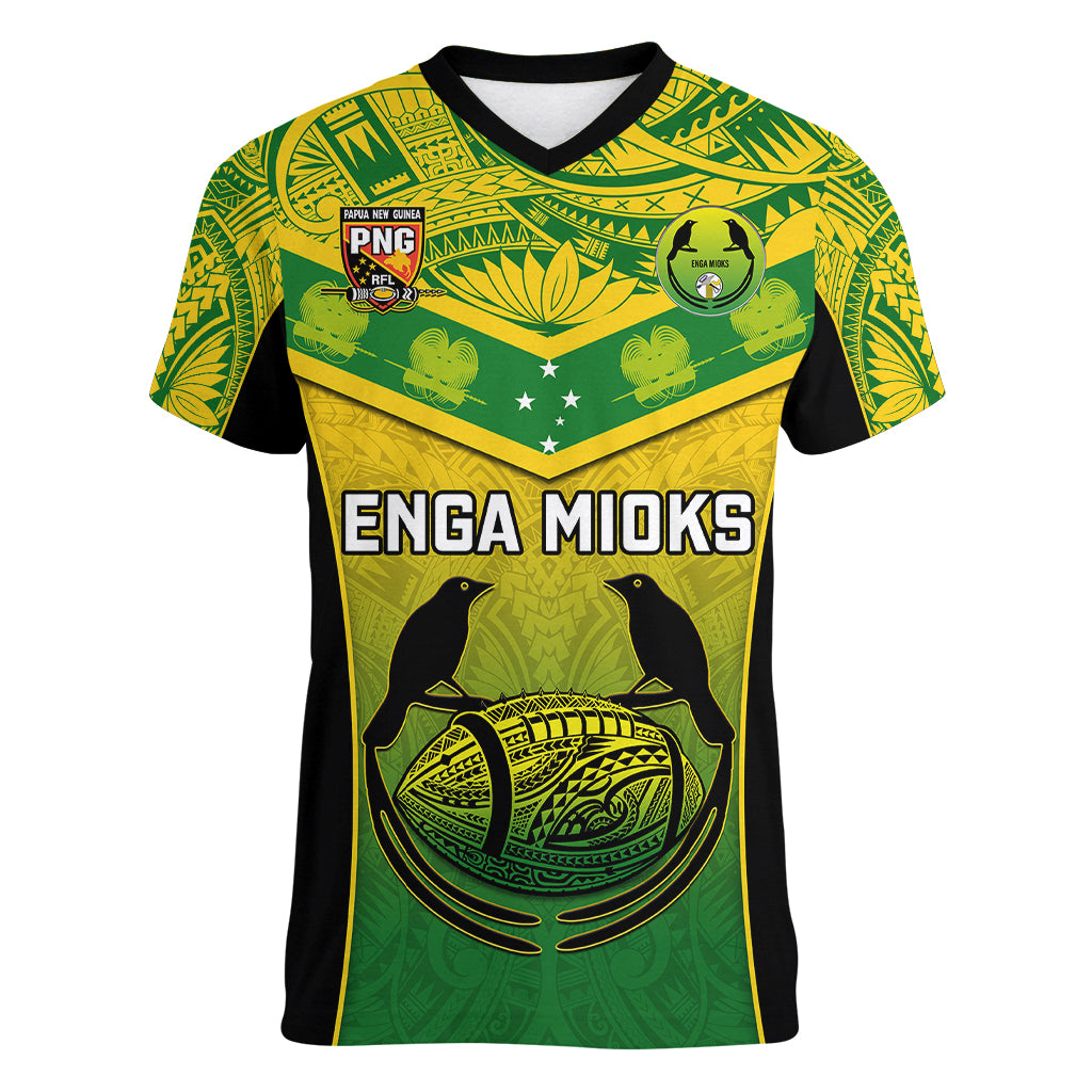 Custom Papua New Guinea Rugby Women V Neck T Shirt Enga Mioks PNG Polynesian Pattern LT14 Female Green - Polynesian Pride