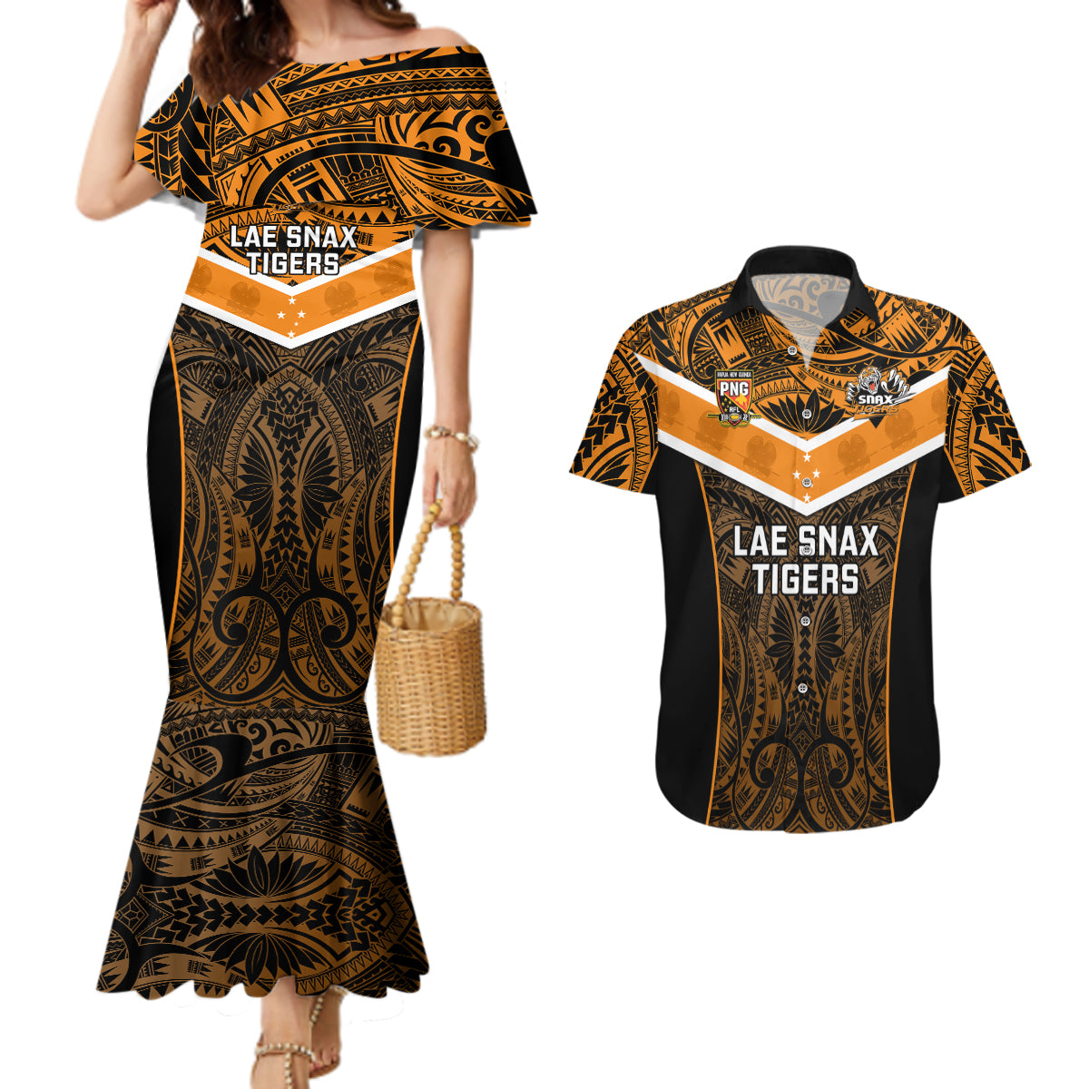 Papua New Guinea Rugby Couples Matching Mermaid Dress And Hawaiian Shirt Lae Snax Tigers PNG Polynesian Pattern LT14 Orange - Polynesian Pride