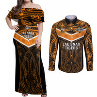 Papua New Guinea Rugby Couples Matching Off Shoulder Maxi Dress and Long Sleeve Button Shirts Lae Snax Tigers PNG Polynesian Pattern LT14 Orange - Polynesian Pride