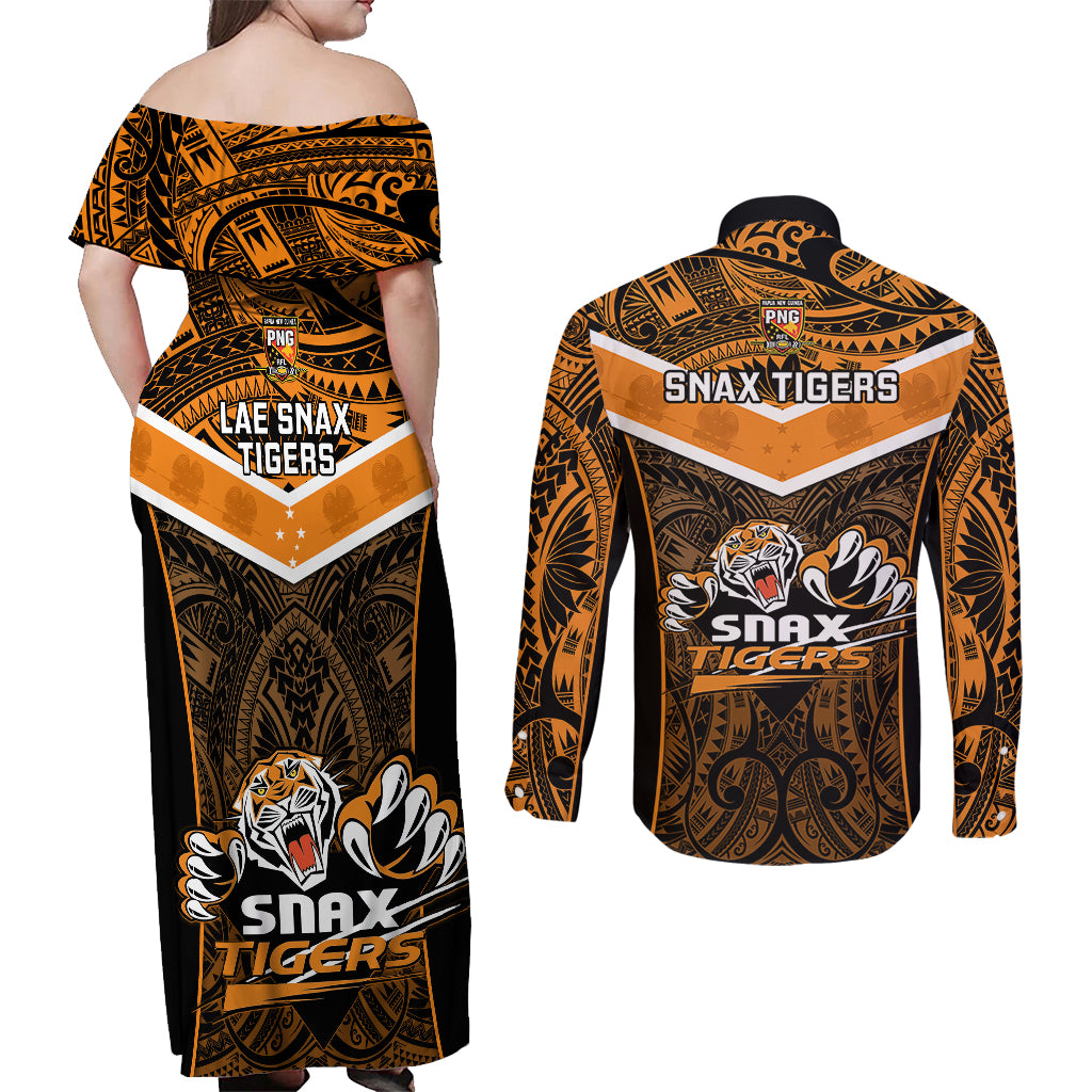 Papua New Guinea Rugby Couples Matching Off Shoulder Maxi Dress and Long Sleeve Button Shirts Lae Snax Tigers PNG Polynesian Pattern LT14 - Polynesian Pride