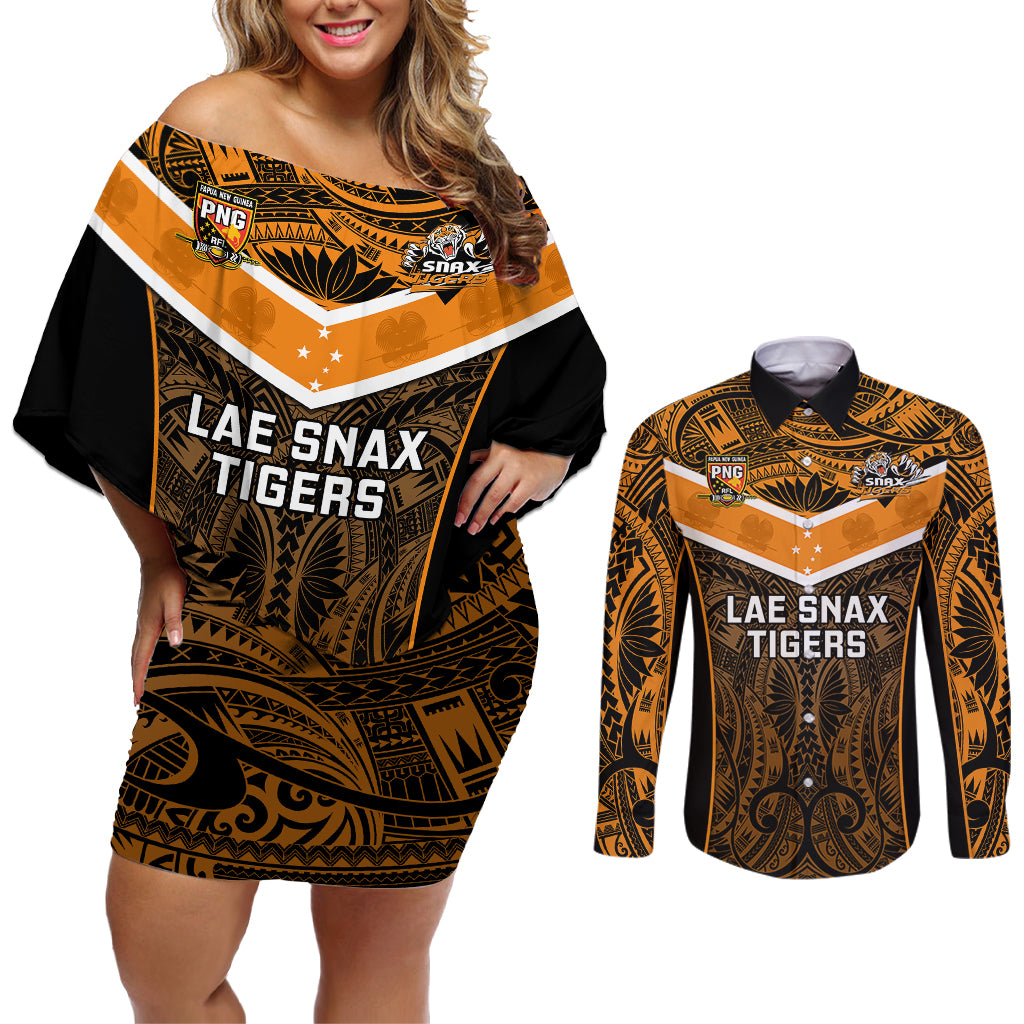 Papua New Guinea Rugby Couples Matching Off Shoulder Short Dress and Long Sleeve Button Shirts Lae Snax Tigers PNG Polynesian Pattern LT14 Orange - Polynesian Pride