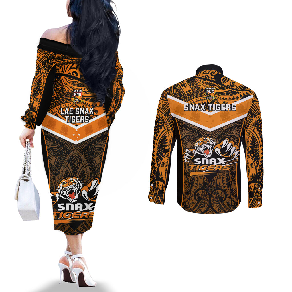 Papua New Guinea Rugby Couples Matching Off The Shoulder Long Sleeve Dress and Long Sleeve Button Shirts Lae Snax Tigers PNG Polynesian Pattern LT14 - Polynesian Pride