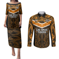 Papua New Guinea Rugby Couples Matching Puletasi Dress and Long Sleeve Button Shirts Lae Snax Tigers PNG Polynesian Pattern LT14 Orange - Polynesian Pride