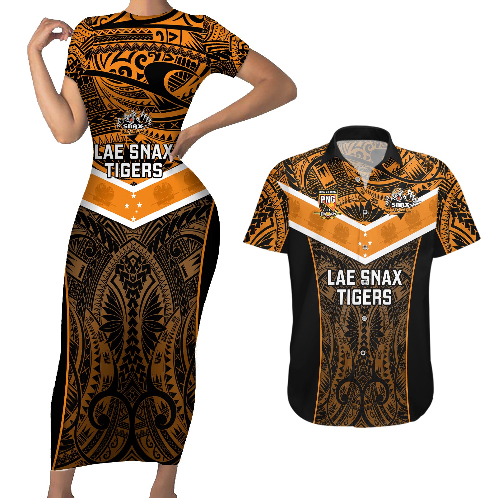 Papua New Guinea Rugby Couples Matching Short Sleeve Bodycon Dress and Hawaiian Shirt Lae Snax Tigers PNG Polynesian Pattern LT14 Orange - Polynesian Pride