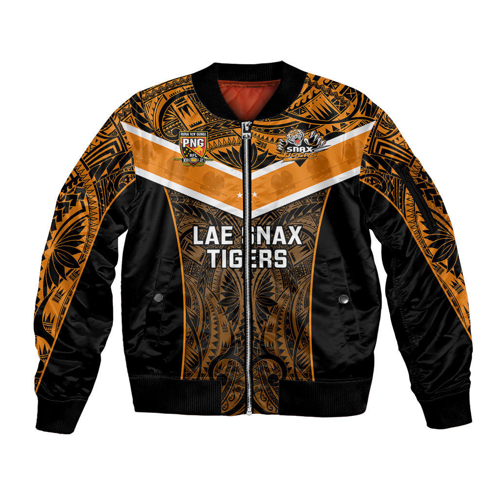 Papua New Guinea Rugby Sleeve Zip Bomber Jacket Lae Snax Tigers PNG Polynesian Pattern LT14 Unisex Orange - Polynesian Pride