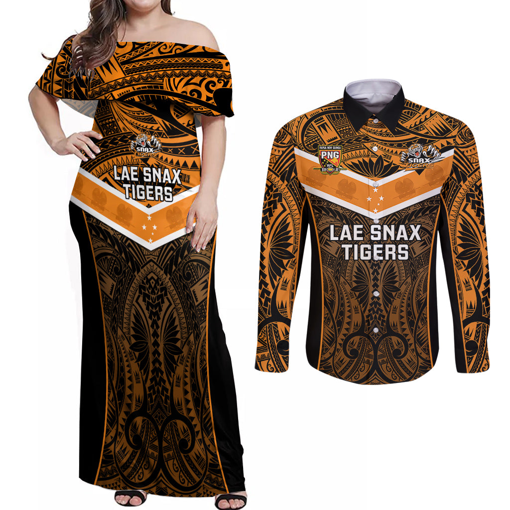 Custom Papua New Guinea Rugby Couples Matching Off Shoulder Maxi Dress and Long Sleeve Button Shirts Lae Snax Tigers PNG Polynesian Pattern LT14 Orange - Polynesian Pride
