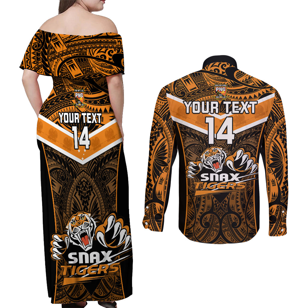 Custom Papua New Guinea Rugby Couples Matching Off Shoulder Maxi Dress and Long Sleeve Button Shirts Lae Snax Tigers PNG Polynesian Pattern LT14 - Polynesian Pride