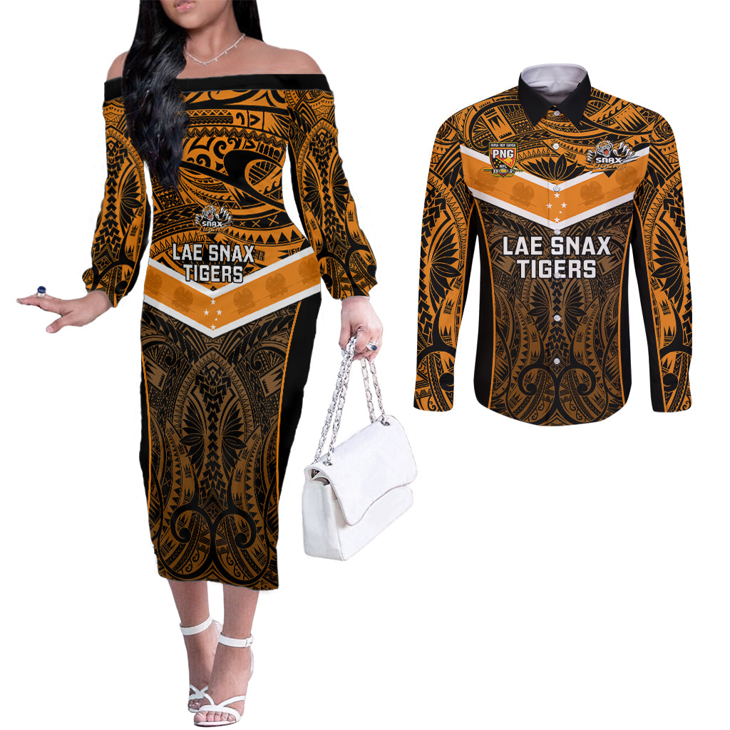 Custom Papua New Guinea Rugby Couples Matching Off The Shoulder Long Sleeve Dress and Long Sleeve Button Shirts Lae Snax Tigers PNG Polynesian Pattern LT14 Orange - Polynesian Pride