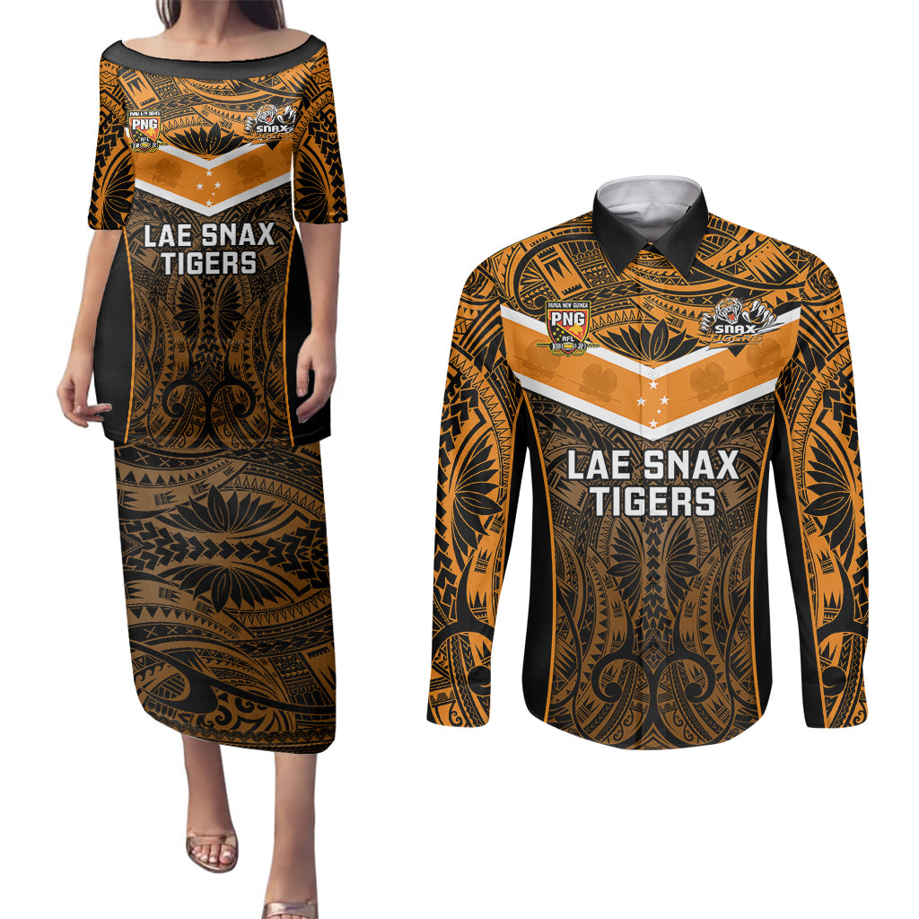 Custom Papua New Guinea Rugby Couples Matching Puletasi Dress and Long Sleeve Button Shirts Lae Snax Tigers PNG Polynesian Pattern LT14 Orange - Polynesian Pride