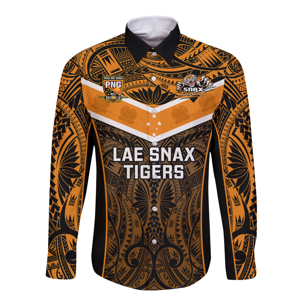 Custom Papua New Guinea Rugby Long Sleeve Button Shirt Lae Snax Tigers PNG Polynesian Pattern LT14 Unisex Orange - Polynesian Pride