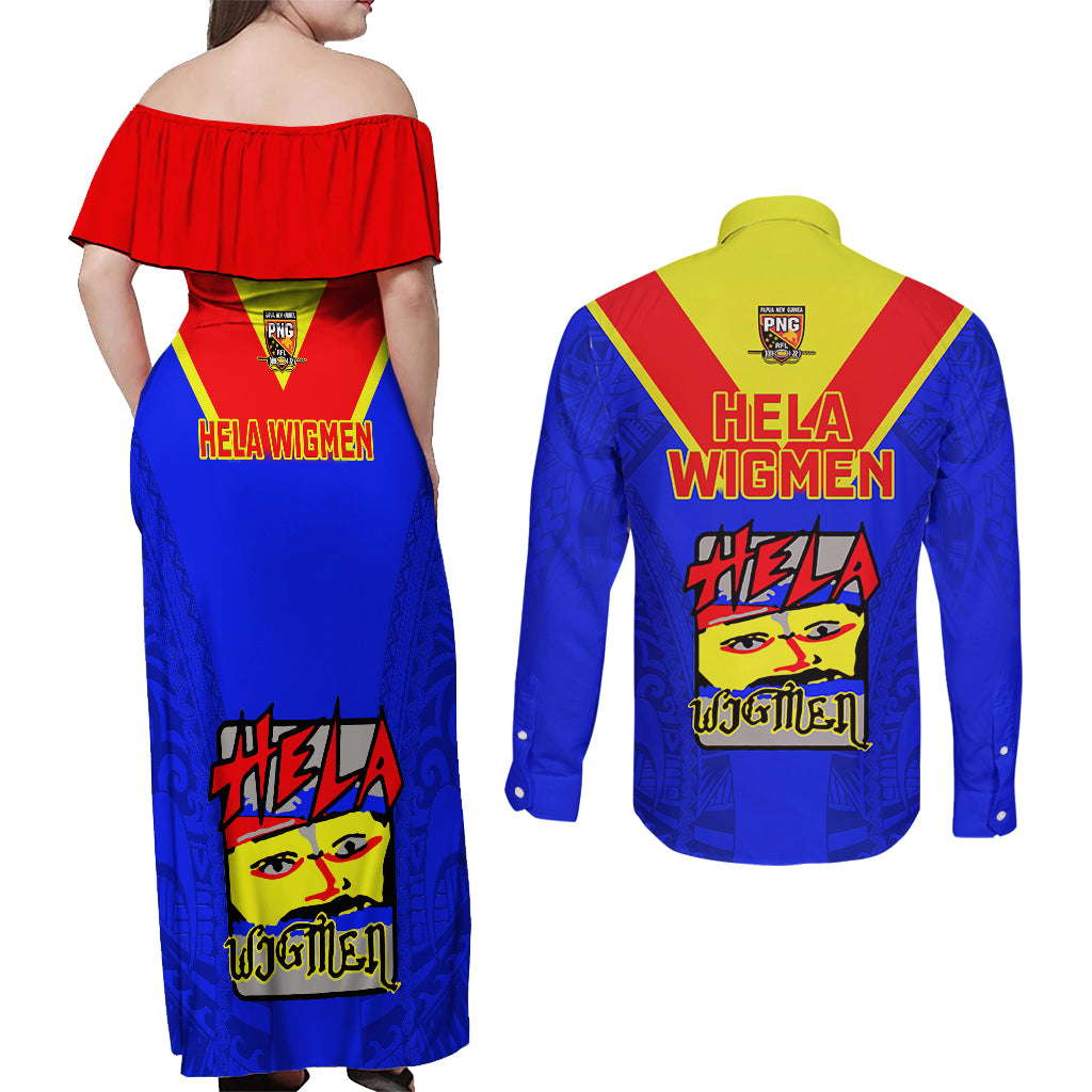 Papua New Guinea Rugby Couples Matching Off Shoulder Maxi Dress and Long Sleeve Button Shirts Hela Wigmen PNG Polynesian Pattern LT14 - Polynesian Pride