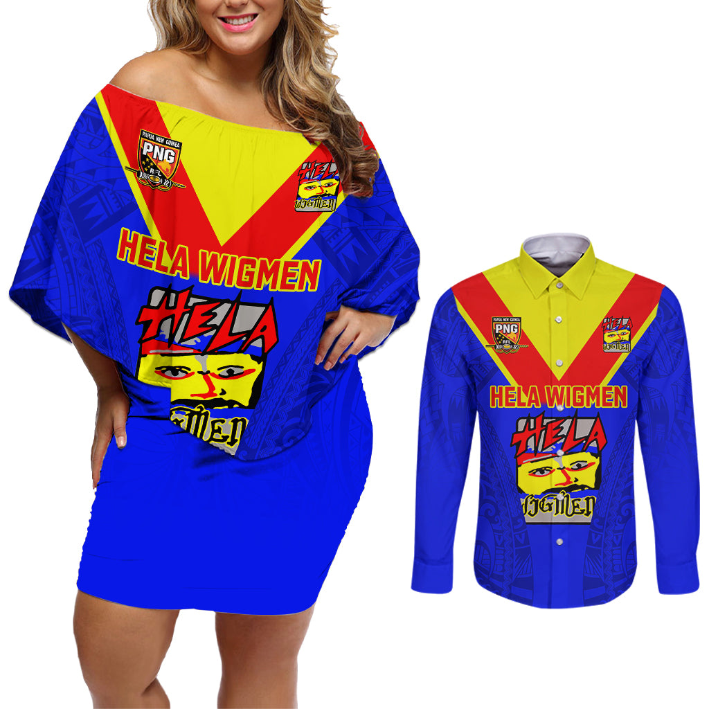 Papua New Guinea Rugby Couples Matching Off Shoulder Short Dress and Long Sleeve Button Shirts Hela Wigmen PNG Polynesian Pattern LT14 Blue - Polynesian Pride