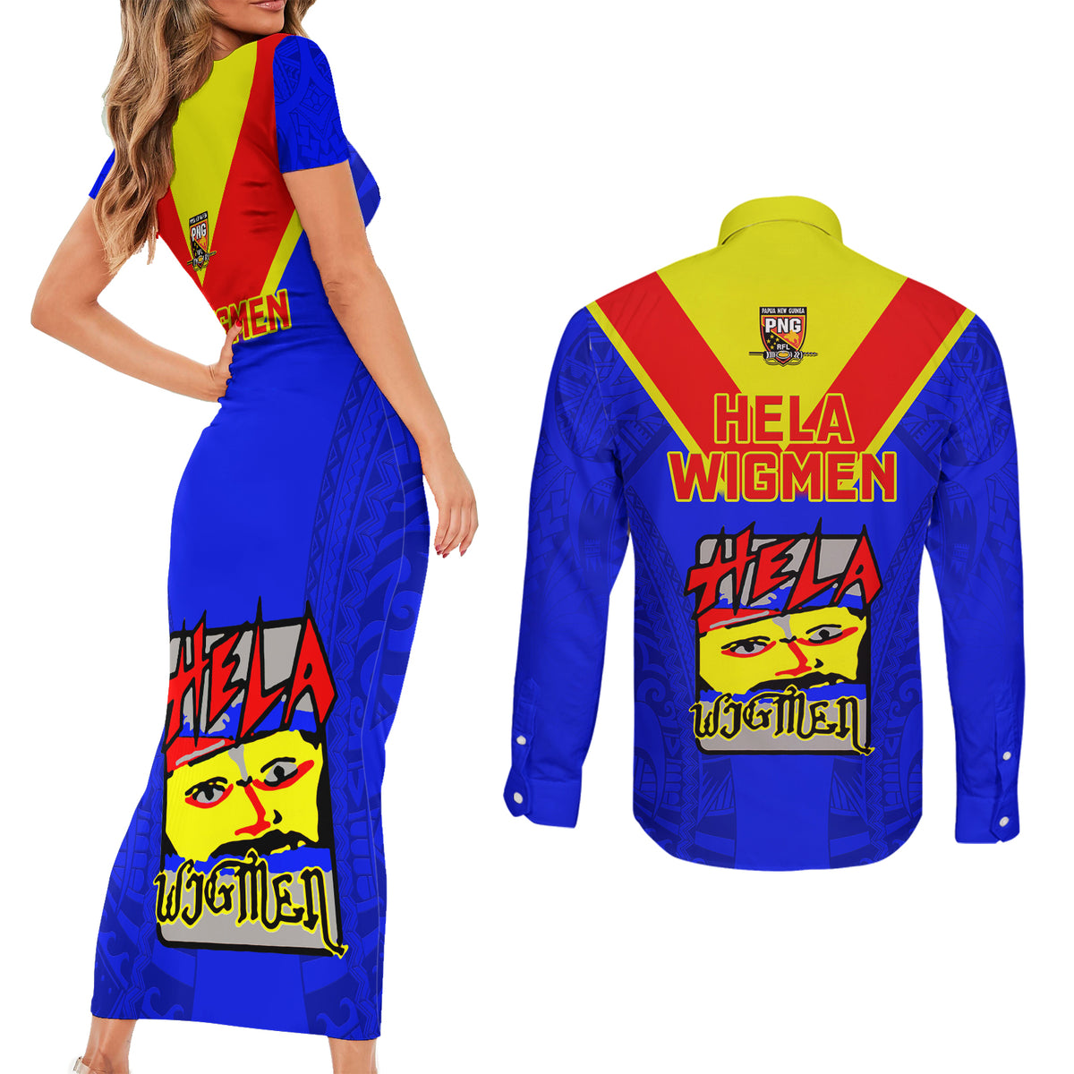 Papua New Guinea Rugby Couples Matching Short Sleeve Bodycon Dress and Long Sleeve Button Shirts Hela Wigmen PNG Polynesian Pattern LT14 - Polynesian Pride