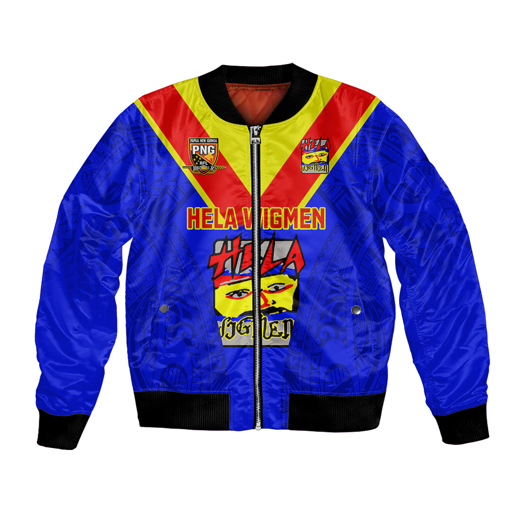 Custom Papua New Guinea Rugby Bomber Jacket Hela Wigmen PNG Polynesian Pattern LT14 Unisex Blue - Polynesian Pride